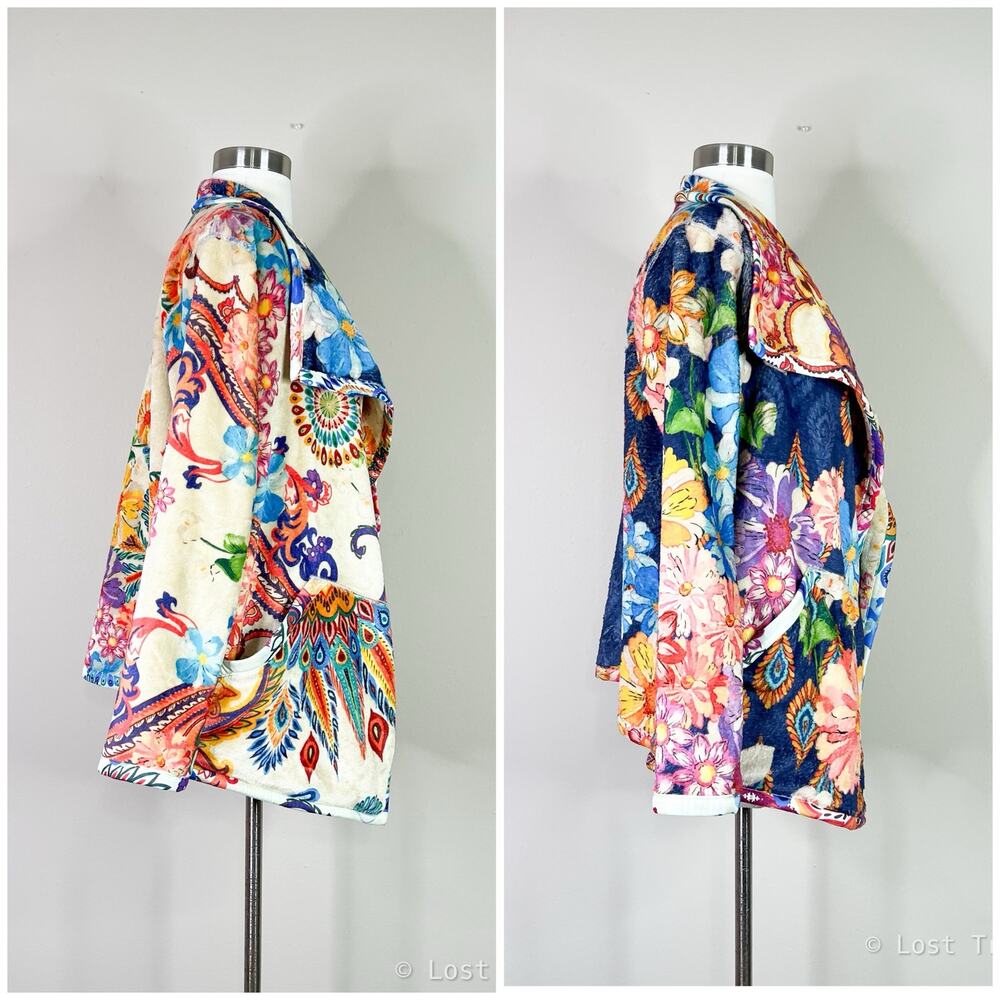 Johnny Was | Joan Reversible Floral Sherpa Fleece Open Front Cardigan Jacket XS - Picture 3 of 6